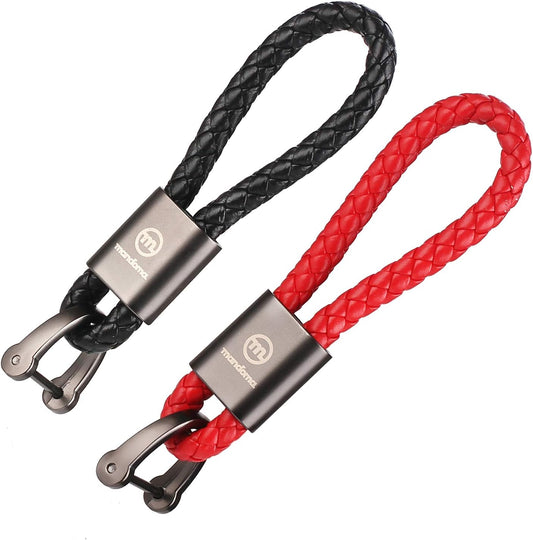 Leather Keychain for Men Woman - 2 Pack Braided Leather Stainless Steel Keyring - Car, Motorcycle, Fob - Black & Red